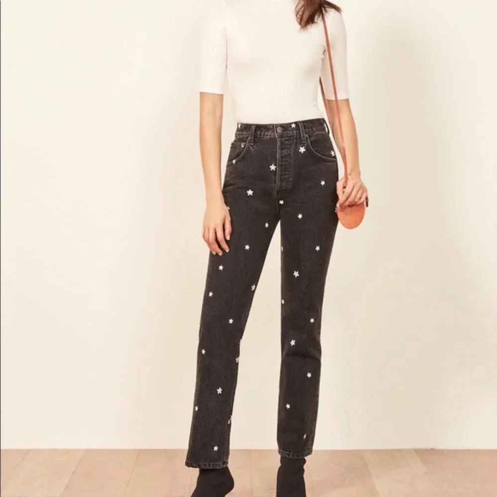 Reformation Black Straight Leg Jeans with White Floral Embroidery - Picture 2 of 2